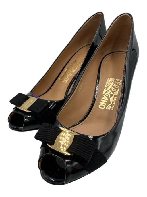 Salvatore Ferragamo Shoe Size 9 Black & Gold Tone Leather Upper Patent Pumps Black & Gold Tone / 9