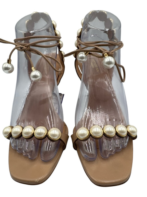 Aquazzura Shoe Size 39 Beige & White Leather Upper Faux Pearl Wrap Ankle Sandals Beige & White / 39