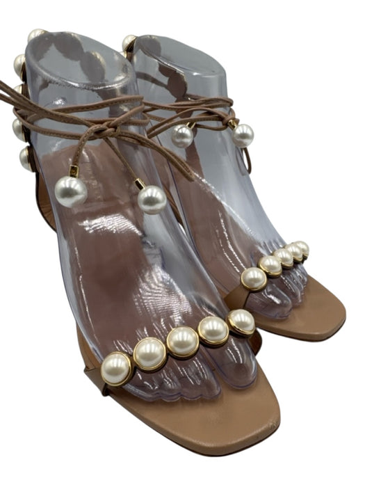 Aquazzura Shoe Size 39 Beige & White Leather Upper Faux Pearl Wrap Ankle Sandals Beige & White / 39