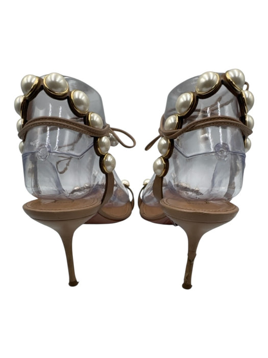 Aquazzura Shoe Size 39 Beige & White Leather Upper Faux Pearl Wrap Ankle Sandals Beige & White / 39