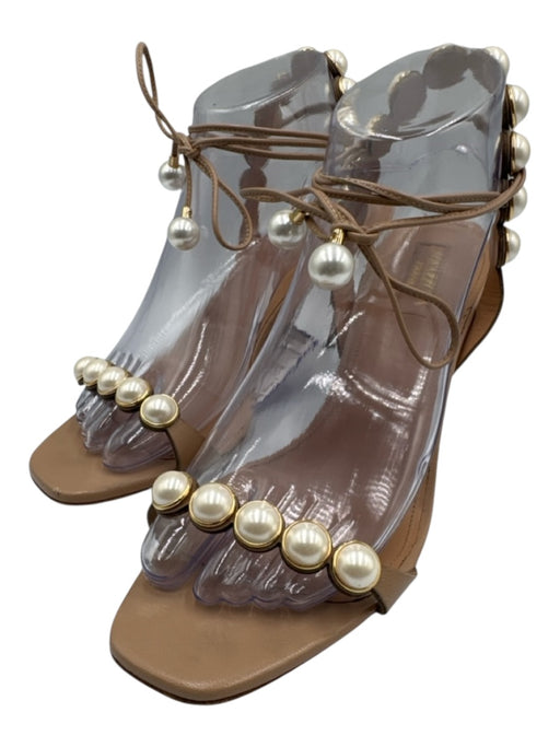 Aquazzura Shoe Size 39 Beige & White Leather Upper Faux Pearl Wrap Ankle Sandals Beige & White / 39