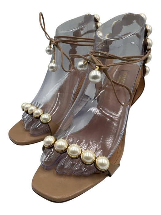 Aquazzura Shoe Size 39 Beige & White Leather Upper Faux Pearl Wrap Ankle Sandals Beige & White / 39