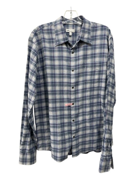 Peter Millar Size L Blue & White Cotton Plaid Flannel Men's Long Sleeve Shirt L