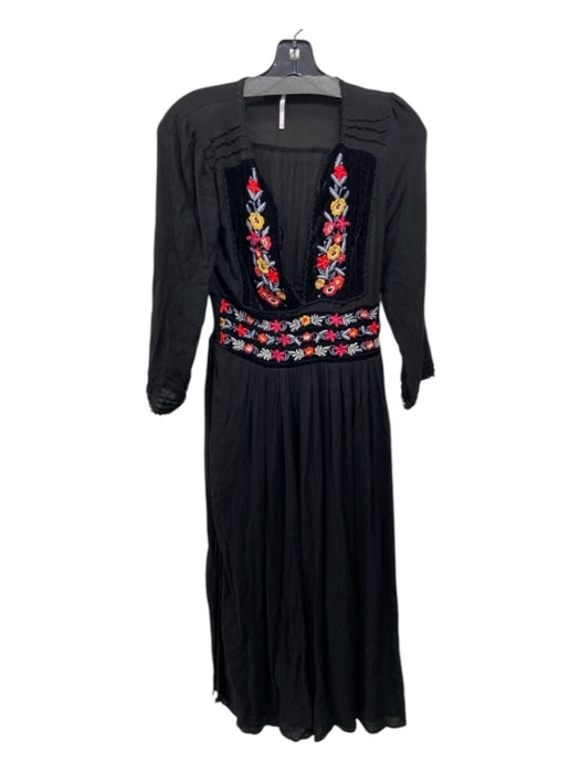 Free People Size XS Black & Multi Viscose V Neck Floral Embroidery Velvet Dress Black & Multi / XS