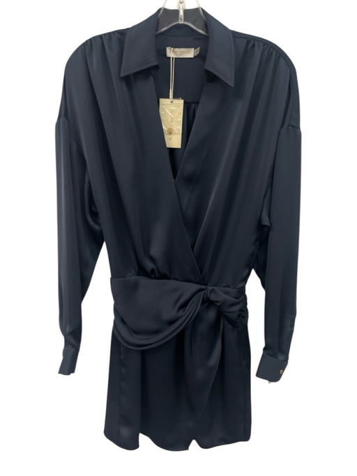 Ramy Brook Size 0 Navy Blue Polyester Satin Long Sleeve Gathered Draping Dress Navy Blue / 0