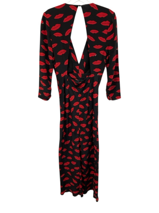 Rixo Size 6 Black & Red Silk Lips Long Sleeve Ruched Front Open Back Dress Black & Red / 6