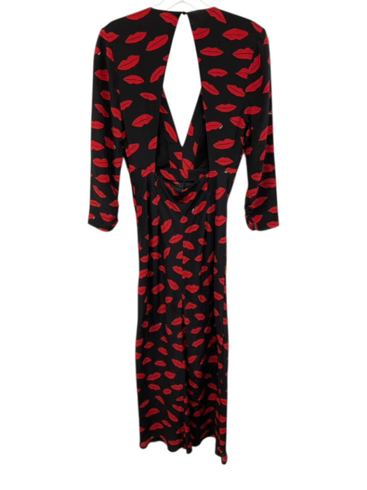 Rixo Size 6 Black & Red Silk Lips Long Sleeve Ruched Front Open Back Dress Black & Red / 6