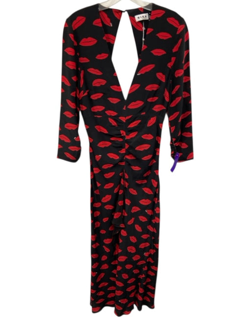 Rixo Size 6 Black & Red Silk Lips Long Sleeve Ruched Front Open Back Dress Black & Red / 6