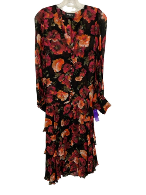 The Kooples Size 1 Black, Orange & Red Viscose Floral Long Sheer Sleeve Dress Black, Orange & Red / 1