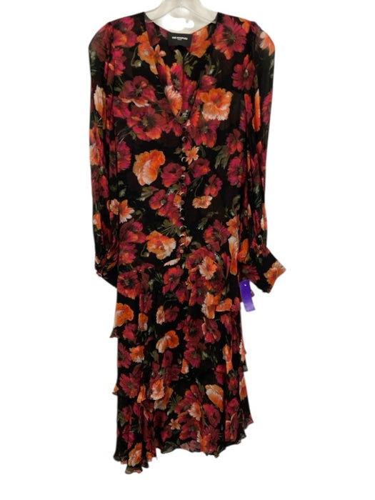 The Kooples Size 1 Black, Orange & Red Viscose Floral Long Sheer Sleeve Dress Black, Orange & Red / 1