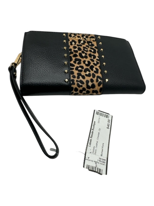 Michael Kors Black Leather Cheetah Zip Wallets Black