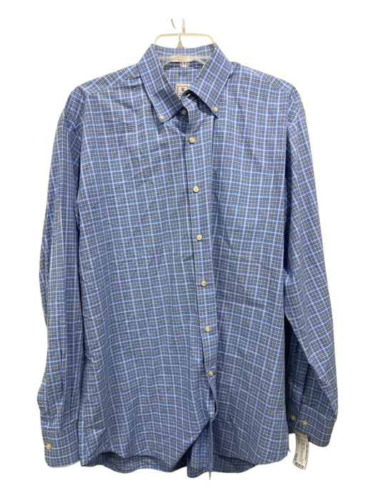 Peter Millar Size L Blue & White Cotton Blend Plaid Men's Long Sleeve Shirt L