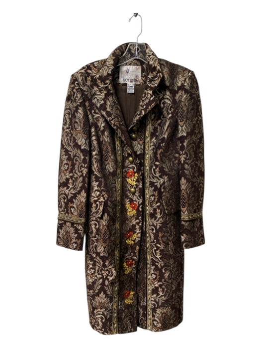 Kenzie Size 6 Brown & Multi Cotton Blend Brocade Button Down Floral Fitted Coat Brown & Multi / 6