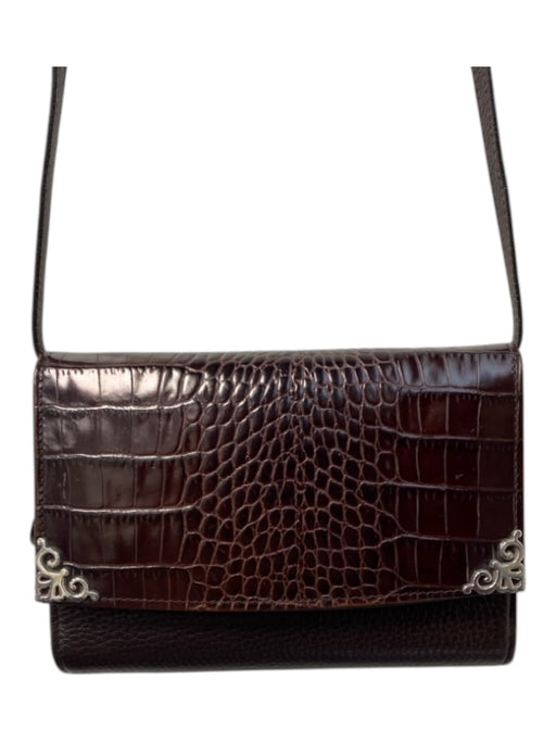 Brighton Brown Leather Silver Hardware Croc Embossed Cross Body Strap Bag Brown / Small