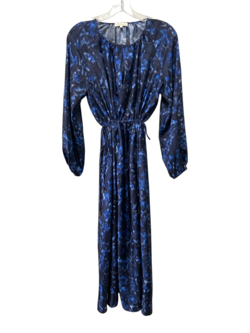 Ann Mashburn Size S Black & Blue Silk leopard ikat Drawstring Waist Maxi Dress Black & Blue / S