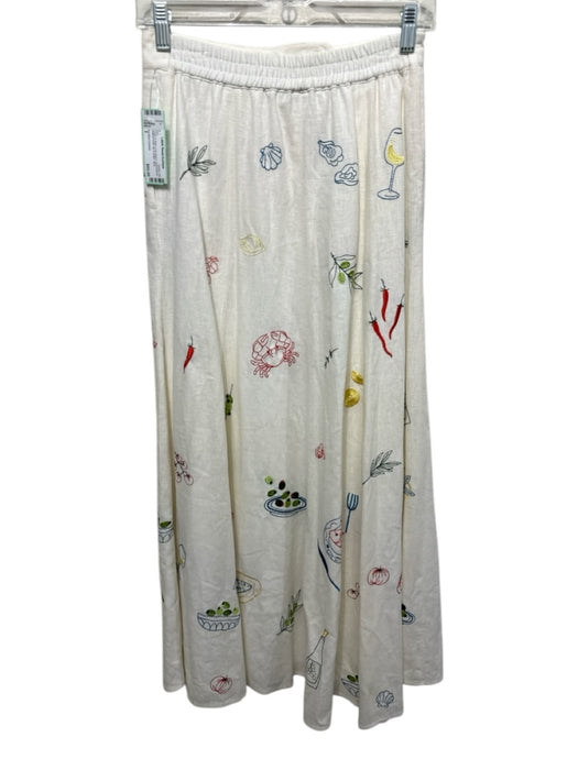 Caroline Constas Size 2 Cream & Multi Linen Blend Embroidered Zip & Button Skirt Cream & Multi / 2