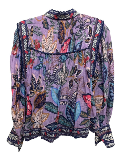 Farm Rio Size XXS Purple, Blue, Red Cotton Lace Trim Leaves Button Down Top Purple, Blue, Red / XXS