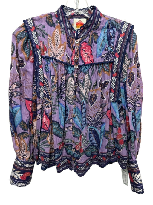 Farm Rio Size XXS Purple, Blue, Red Cotton Lace Trim Leaves Button Down Top Purple, Blue, Red / XXS