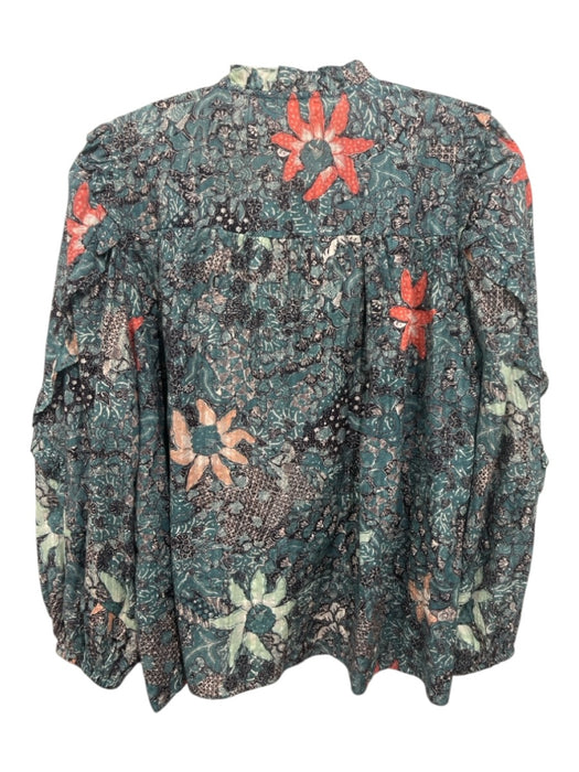 Ulla Johnson Size 6 Teal & Orange Cotton Blend Tie V Neck Floral Ruffle Top Teal & Orange / 6