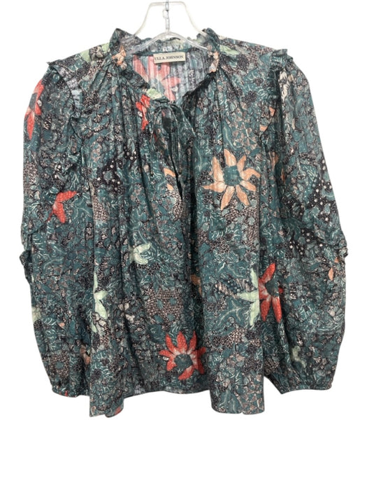 Ulla Johnson Size 6 Teal & Orange Cotton Blend Tie V Neck Floral Ruffle Top Teal & Orange / 6