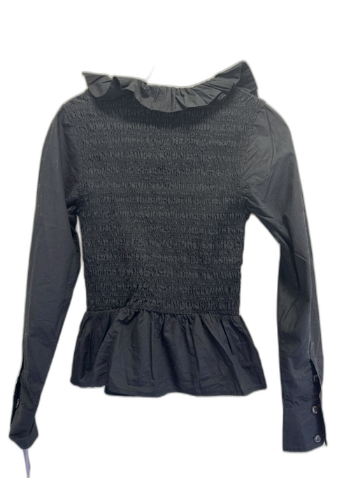 Ganni Size 32 Black Cotton Low neck Ruffle Accent Ribbed Long Sleeve Top Black / 32