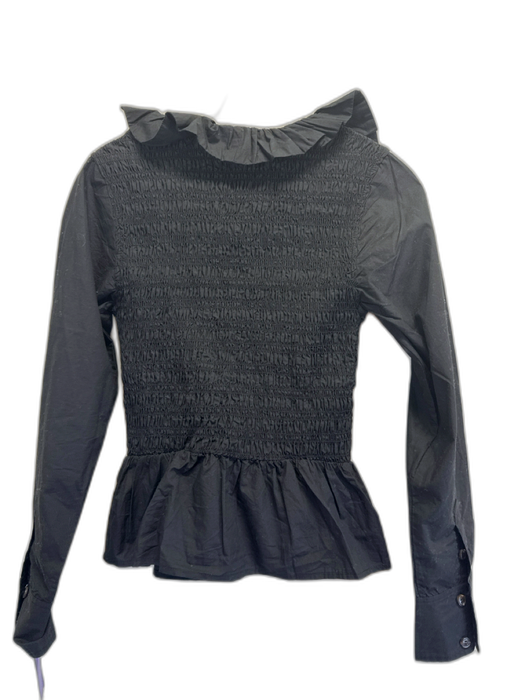 Ganni Size 32 Black Cotton Low neck Ruffle Accent Ribbed Long Sleeve Top Black / 32