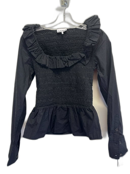 Ganni Size 32 Black Cotton Low neck Ruffle Accent Ribbed Long Sleeve Top Black / 32