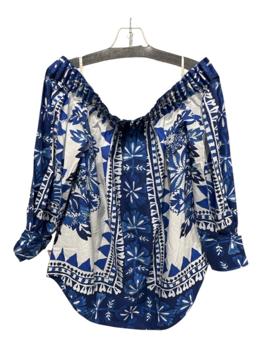 Farm Rio Size XS Blue & White Cotton Off Shoulder Pleated Detail Floral Top Blue & White / XS