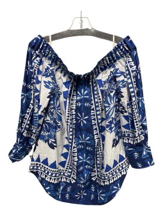Farm Rio Size XS Blue & White Cotton Off Shoulder Pleated Detail Floral Top Blue & White / XS