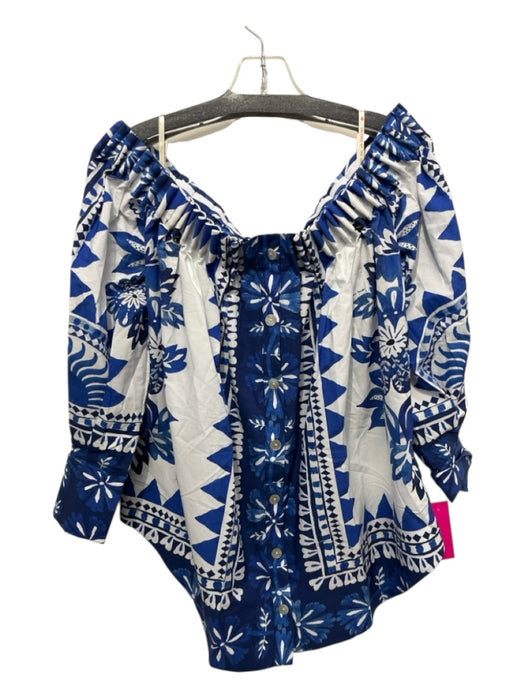 Farm Rio Size XS Blue & White Cotton Off Shoulder Pleated Detail Floral Top Blue & White / XS