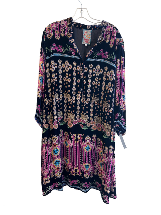 Johnny Was Size XL Navy Blue Rayon & Silk Long Sleeve Floral Print V Neck Dress Navy Blue / XL
