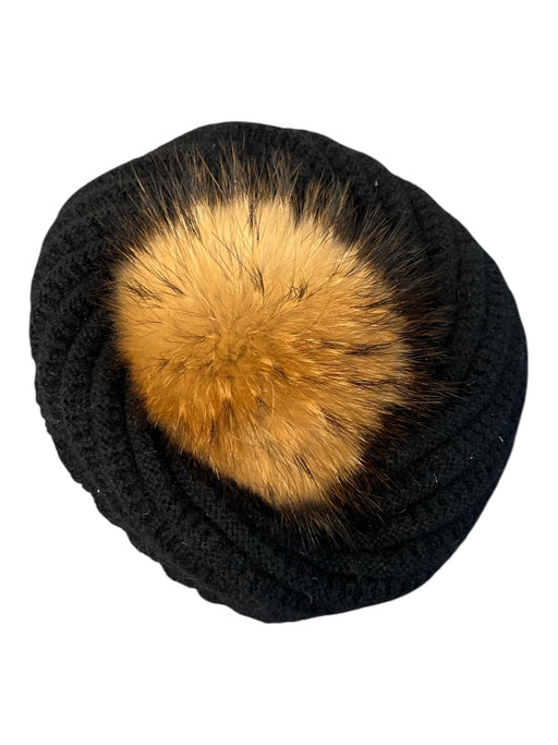 Linda Richards Black & Brown Fabric & Fur Knit Beanie Pom Pom Hat Black & Brown / One Size