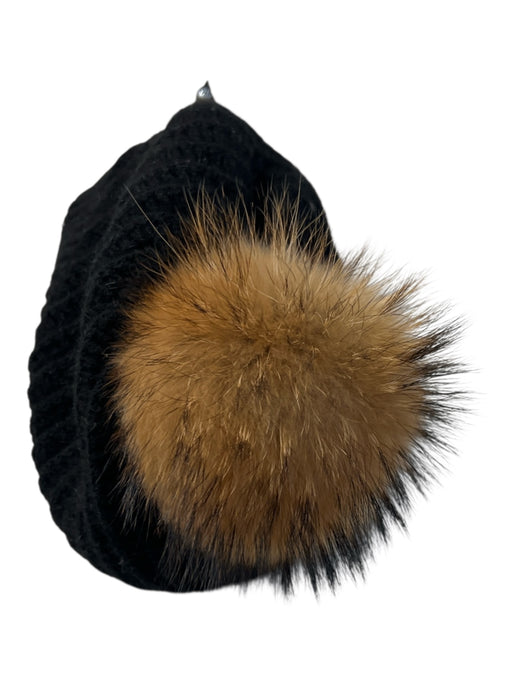 Linda Richards Black & Brown Fabric & Fur Knit Beanie Pom Pom Hat Black & Brown / One Size