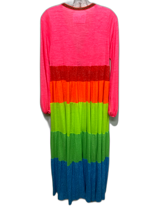 Pitusa Size P Pink, Orange, Green Cotton Blend Long Sleeve Maxi Dress Pink, Orange, Green / P