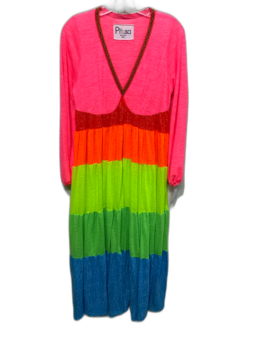 Pitusa Size P Pink, Orange, Green Cotton Blend Long Sleeve Maxi Dress Pink, Orange, Green / P