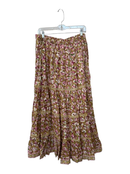 Clara The Label Size L Tan & Purple Cotton Blend Elastic Waist Flowers Skirt Tan & Purple / L