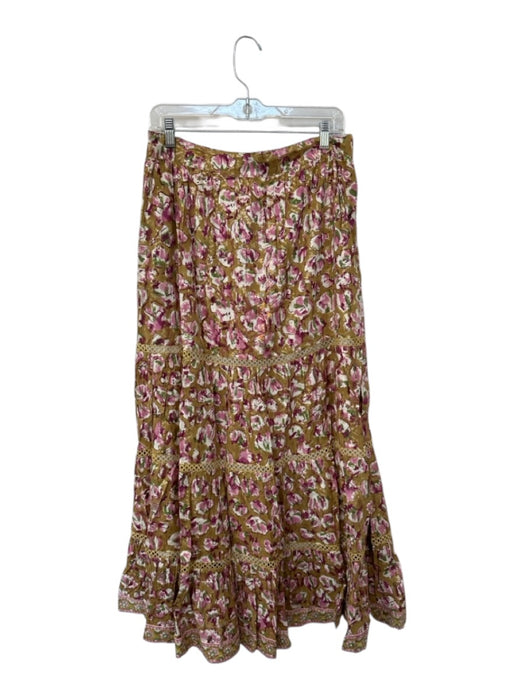 Clara The Label Size L Tan & Purple Cotton Blend Elastic Waist Flowers Skirt Tan & Purple / L