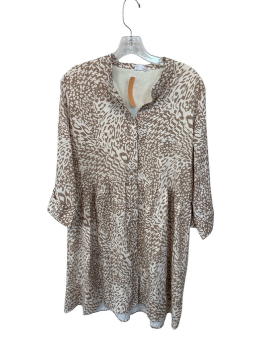 Size M Taupe & Cream Polyester Long Sleeve Animal Print Button Down Dress Taupe & Cream / M