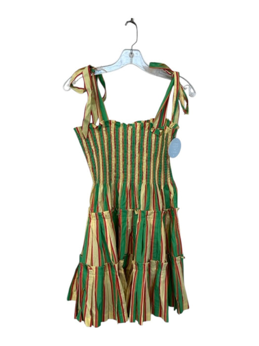 Hill House Size L Green & Yellow Cotton Tie Strap Striped Smocked Short Dress Green & Yellow / L