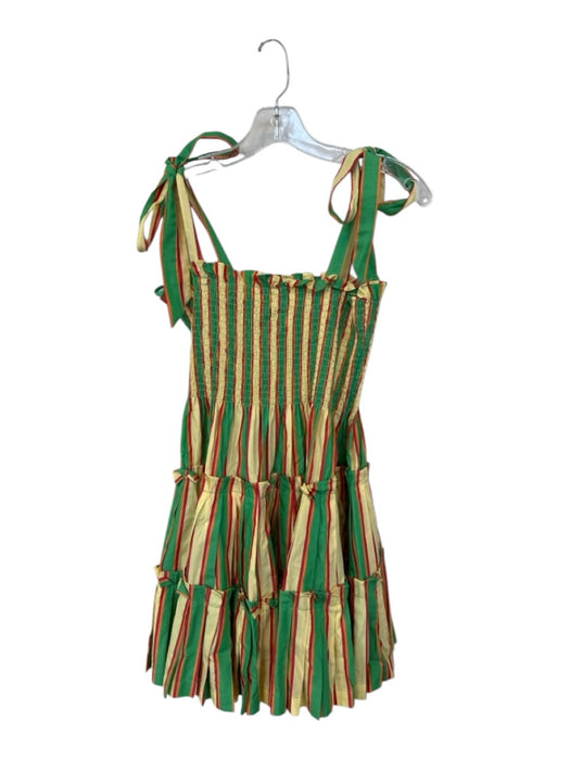 Hill House Size L Green & Yellow Cotton Tie Strap Striped Smocked Short Dress Green & Yellow / L