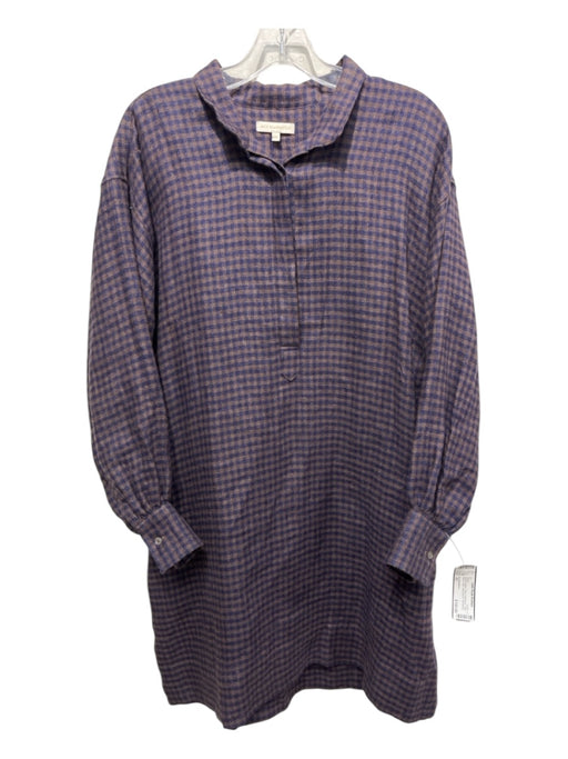 Ann Mashburn Size XS Brown & Navy Linen Checkered Shirt dress Collar Dress Brown & Navy / XS