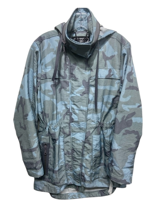 Anorak Size S Blue & Green Nylon Camo Snap & Zip Drawstring hood Jacket Blue & Green / S