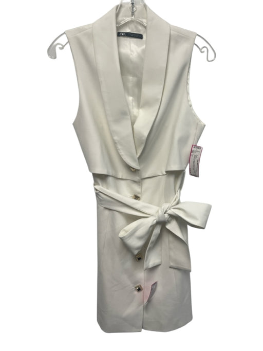 Zara Size S White Polyester Tie Belt Button Front Sleeveless Lapels Dress White / S