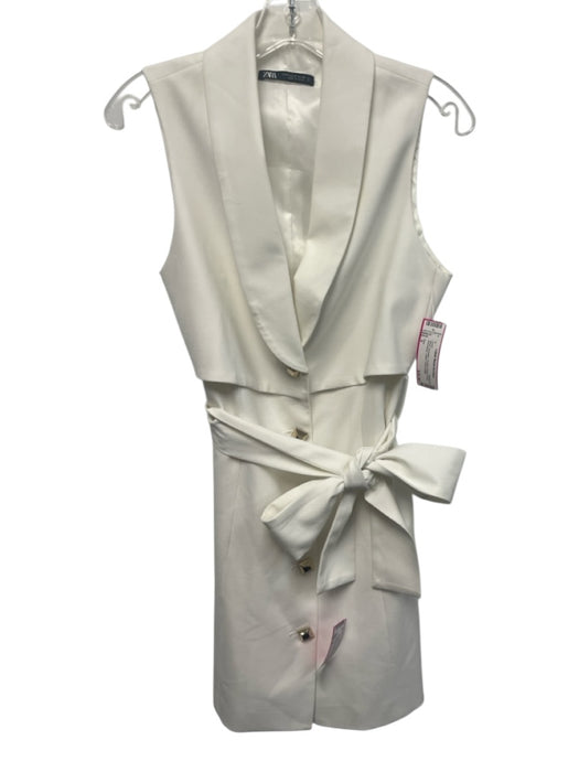 Zara Size S White Polyester Tie Belt Button Front Sleeveless Lapels Dress White / S