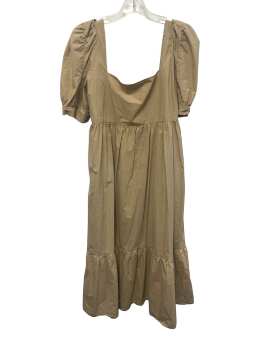 En Saison Size M Beige Cotton Pockets Zip Close Square Neck Puff Sleeve Dress Beige / M