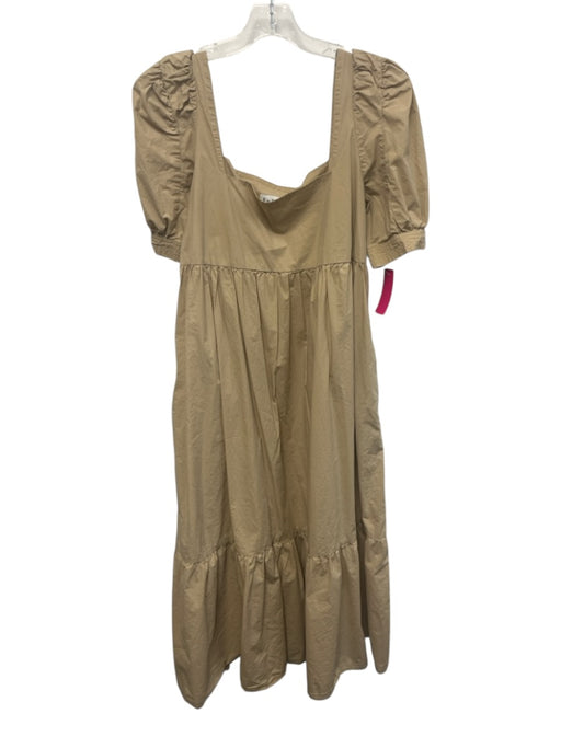 En Saison Size M Beige Cotton Pockets Zip Close Square Neck Puff Sleeve Dress Beige / M