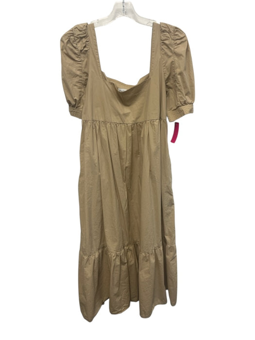 En Saison Size M Beige Cotton Pockets Zip Close Square Neck Puff Sleeve Dress Beige / M