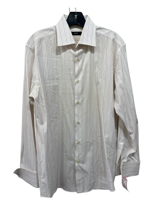 Boss Size 16 White & Pink Cotton Striped Button Down Men's Long Sleeve Shirt 16