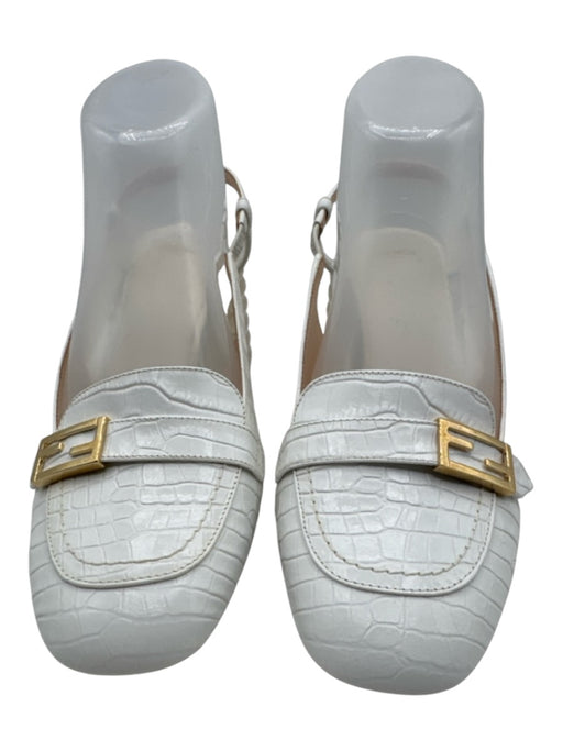 Fendi Shoe Size 38.5 White Embossed Leather Square Toe Gold Logo Slingback Pumps White / 38.5