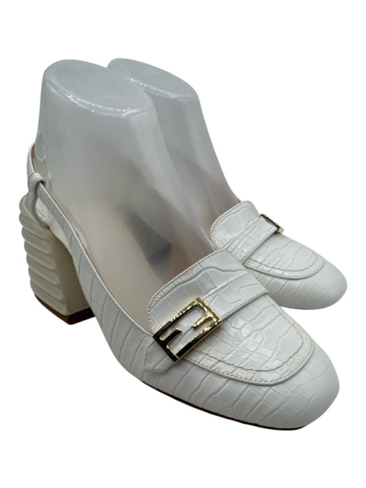 Fendi Shoe Size 38.5 White Embossed Leather Square Toe Gold Logo Slingback Pumps White / 38.5